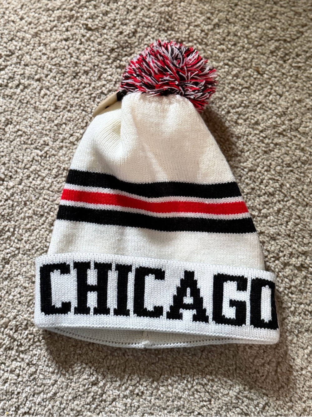 Chicago Pom Pom Beanie - White with Black & Red Stripes